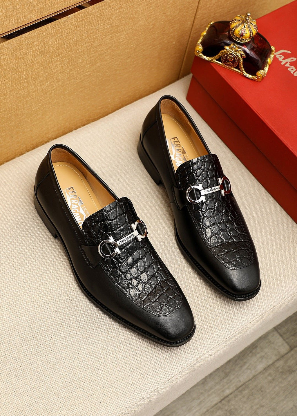 Ferragamo Black Buckle Loafers — front