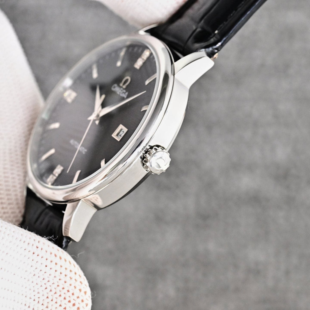 Omega Black Silver Dial Leather Strap Watch — side