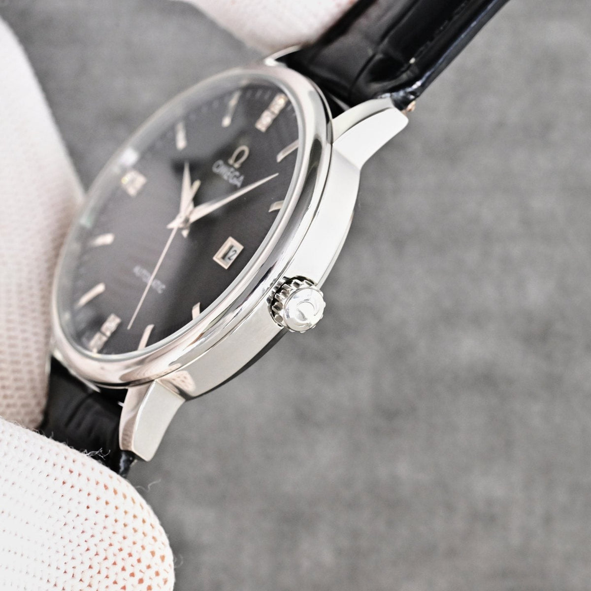 Omega Black Silver Dial Leather Strap Watch — side