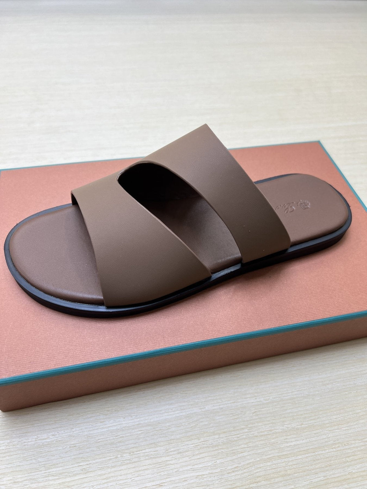 Loro Piana Taupe Brown Crossover Slide Sandals — front