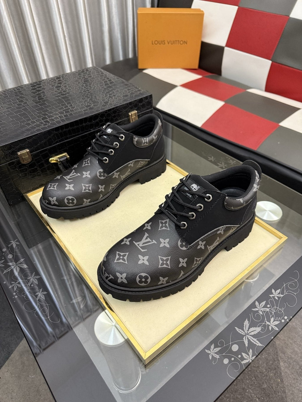 Black & Dark Gray Monogram Lace-Up Shoes — front