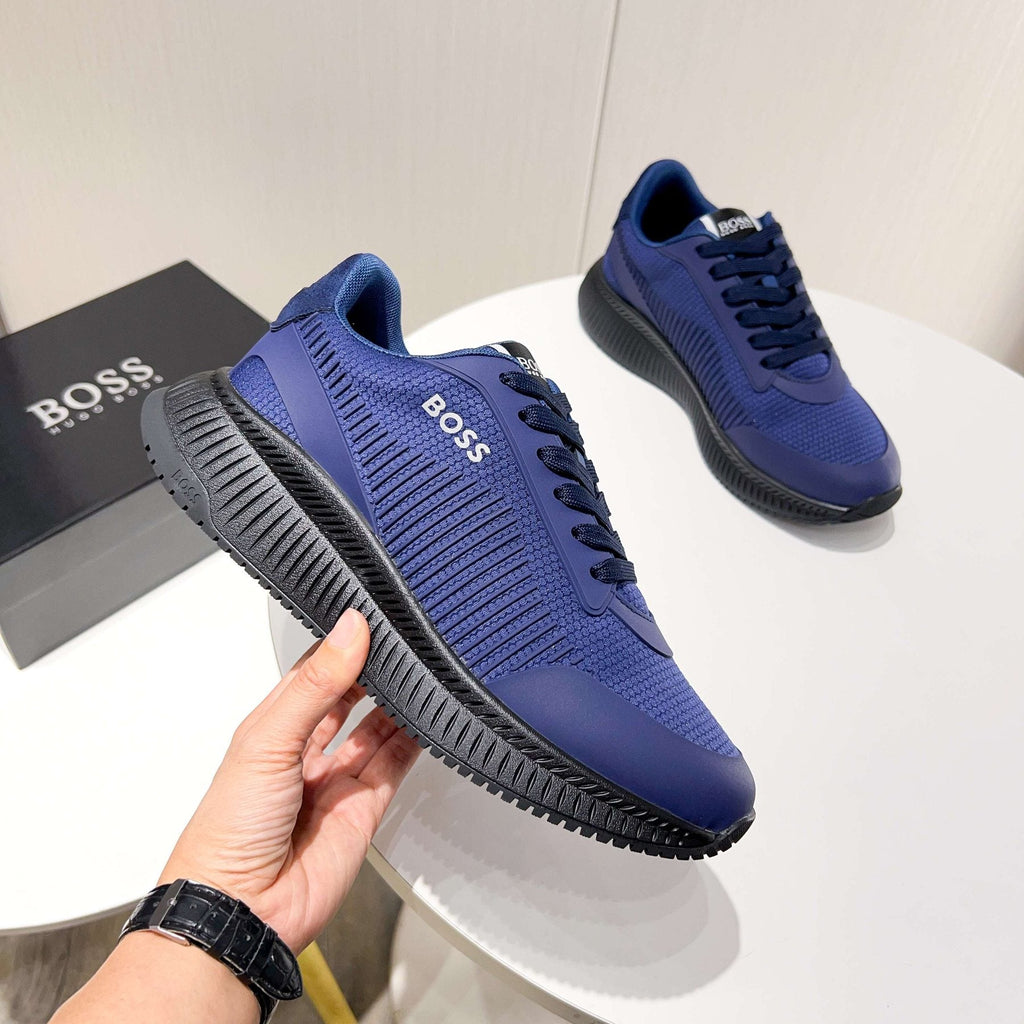 BOSS Navy Blue Knit Running Shoes — model