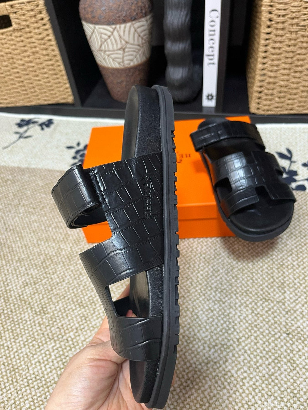 Hermes Kazimir Black Slide Sandals — side