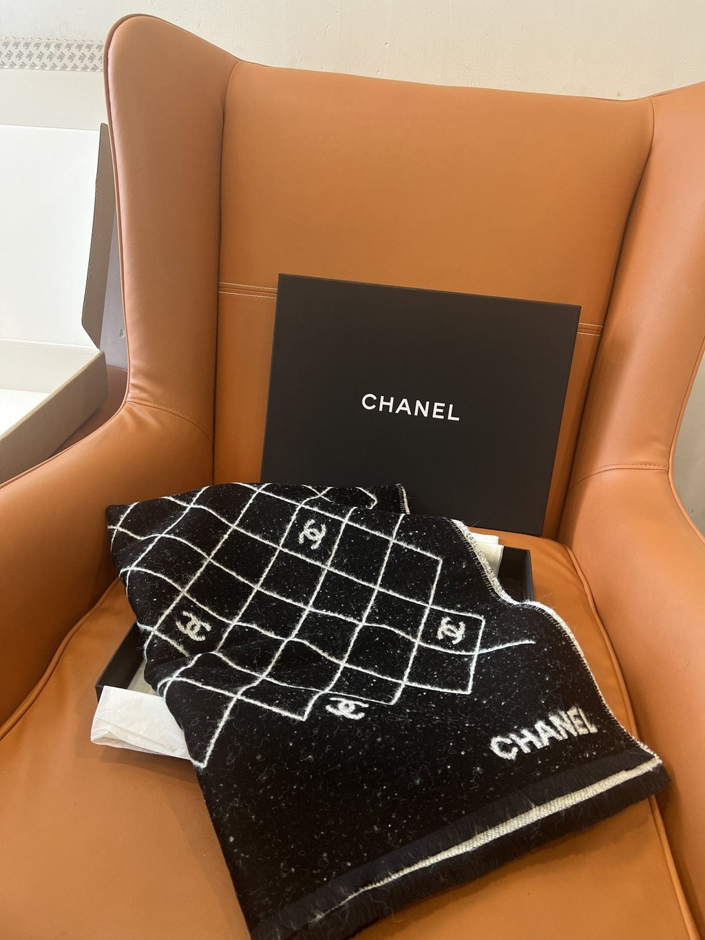 Chanel Black and Ivory Grid Shawl Scarf — front