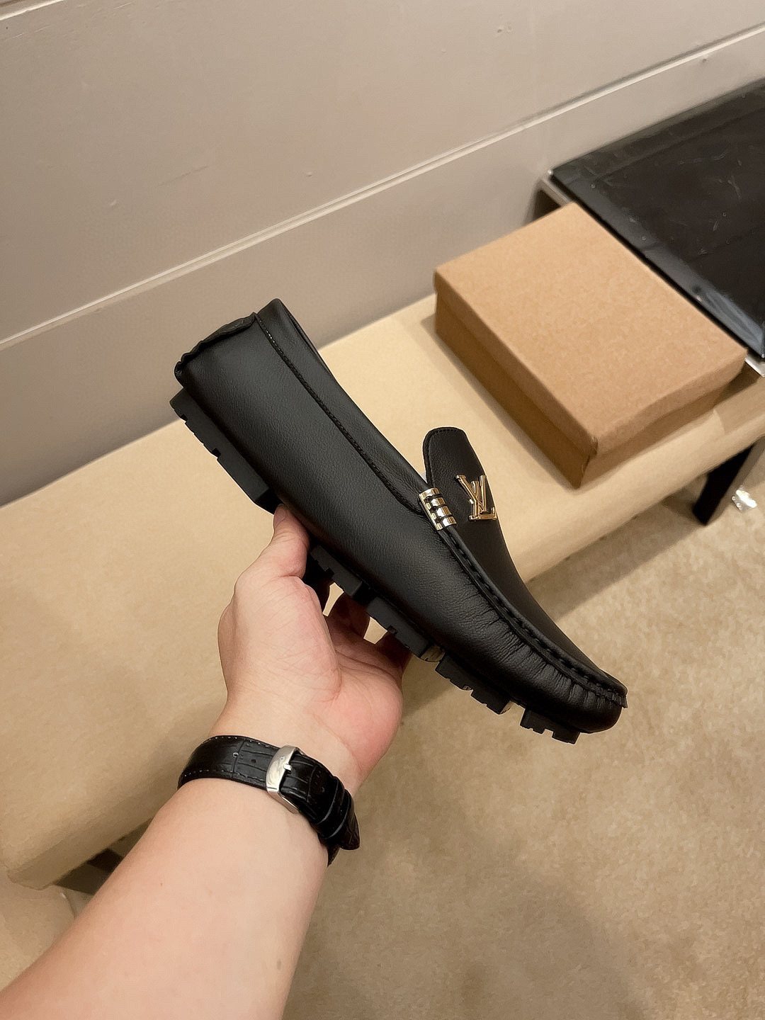 Louis Vuitton Black Pebbled Leather Loafers — side