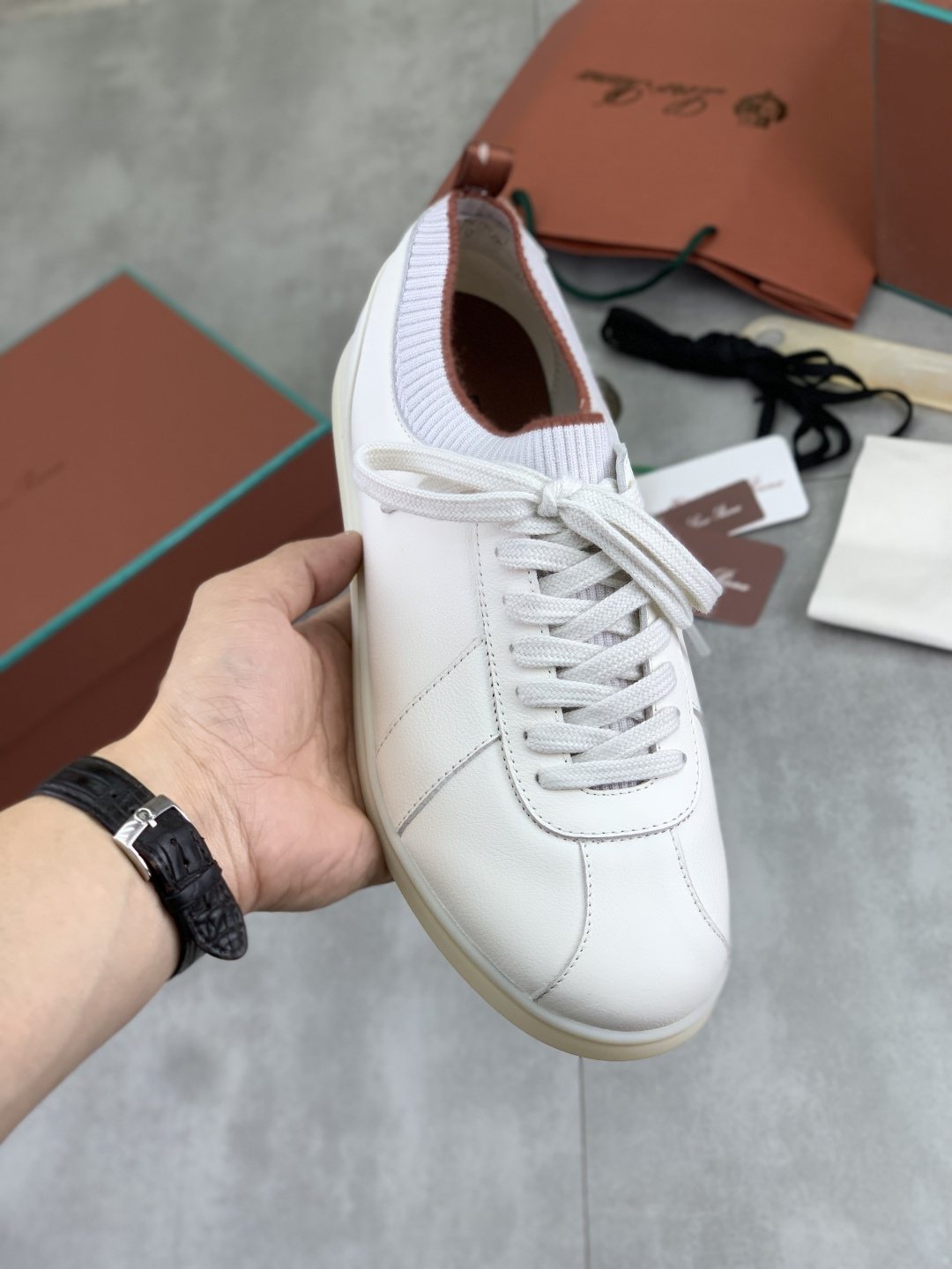 Loro Piana White Knit Leather Sneakers — model