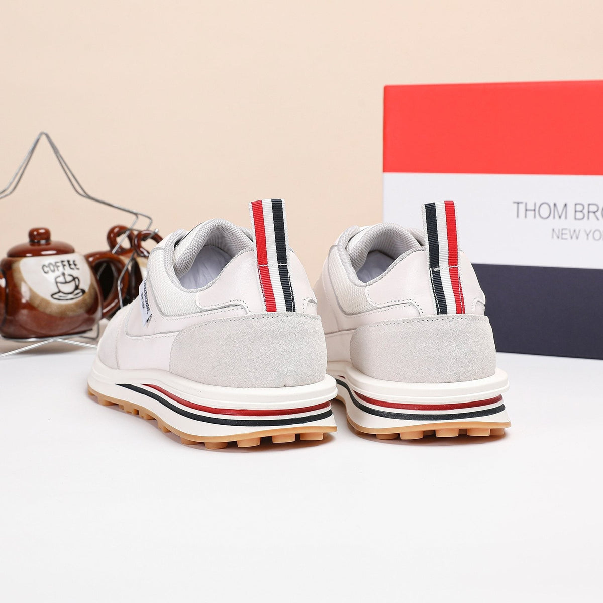 Thom Browne White Navy Panel Low-Top Sneakers — back