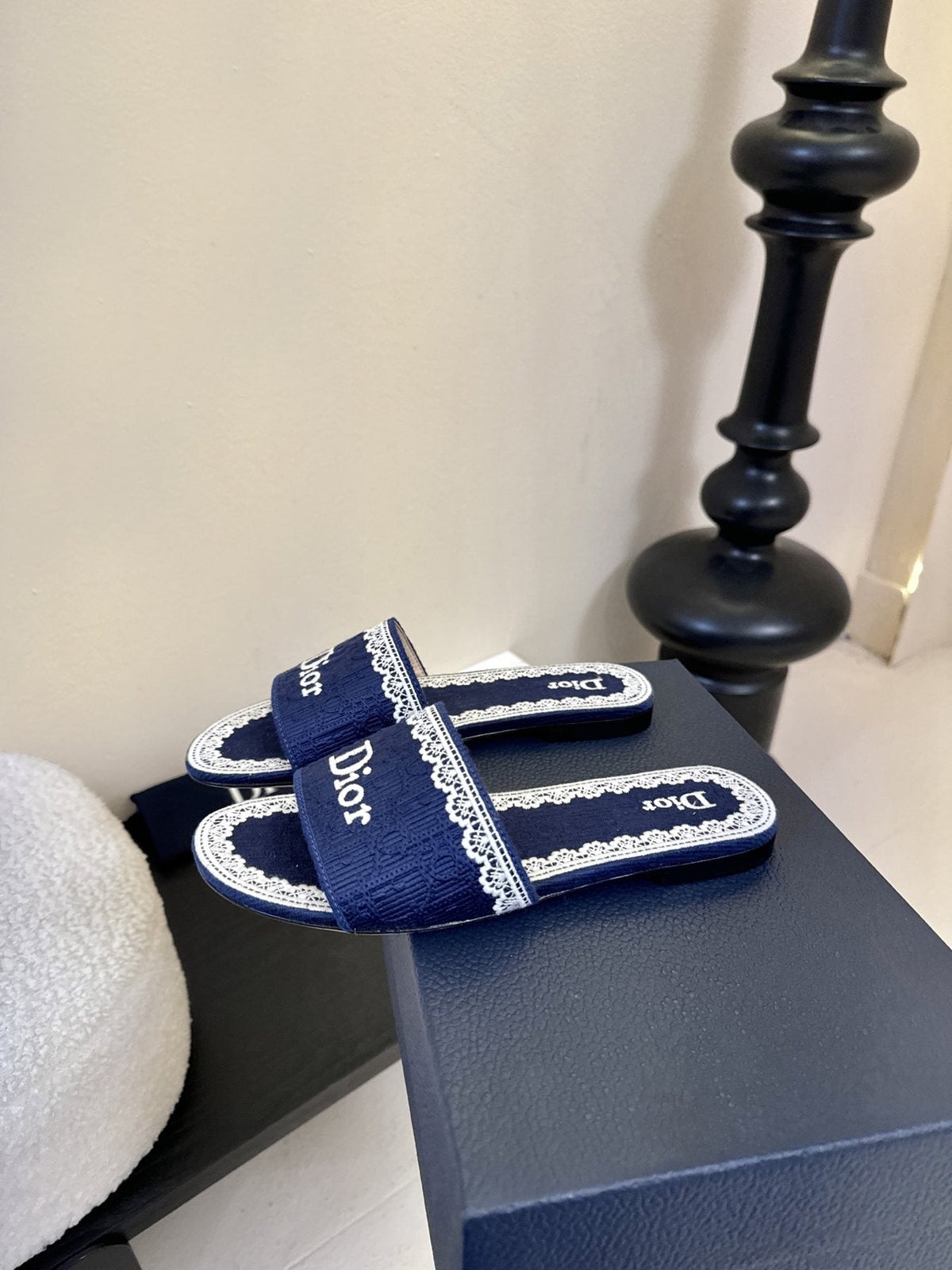 Dior Embroidered Trim Slide Sandals — side