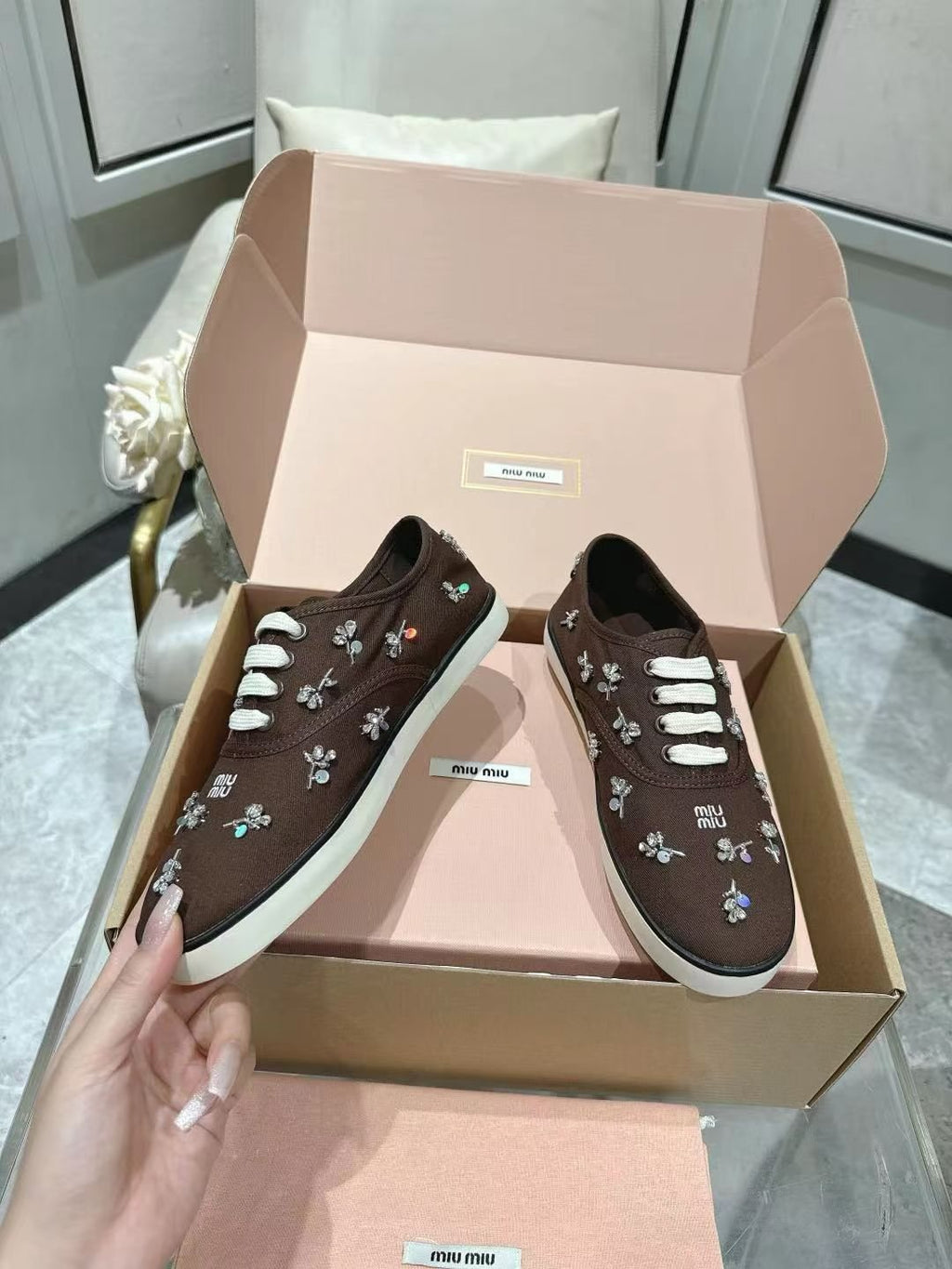 Miu Miu Floral Rhinestone Canvas Sneakers — model