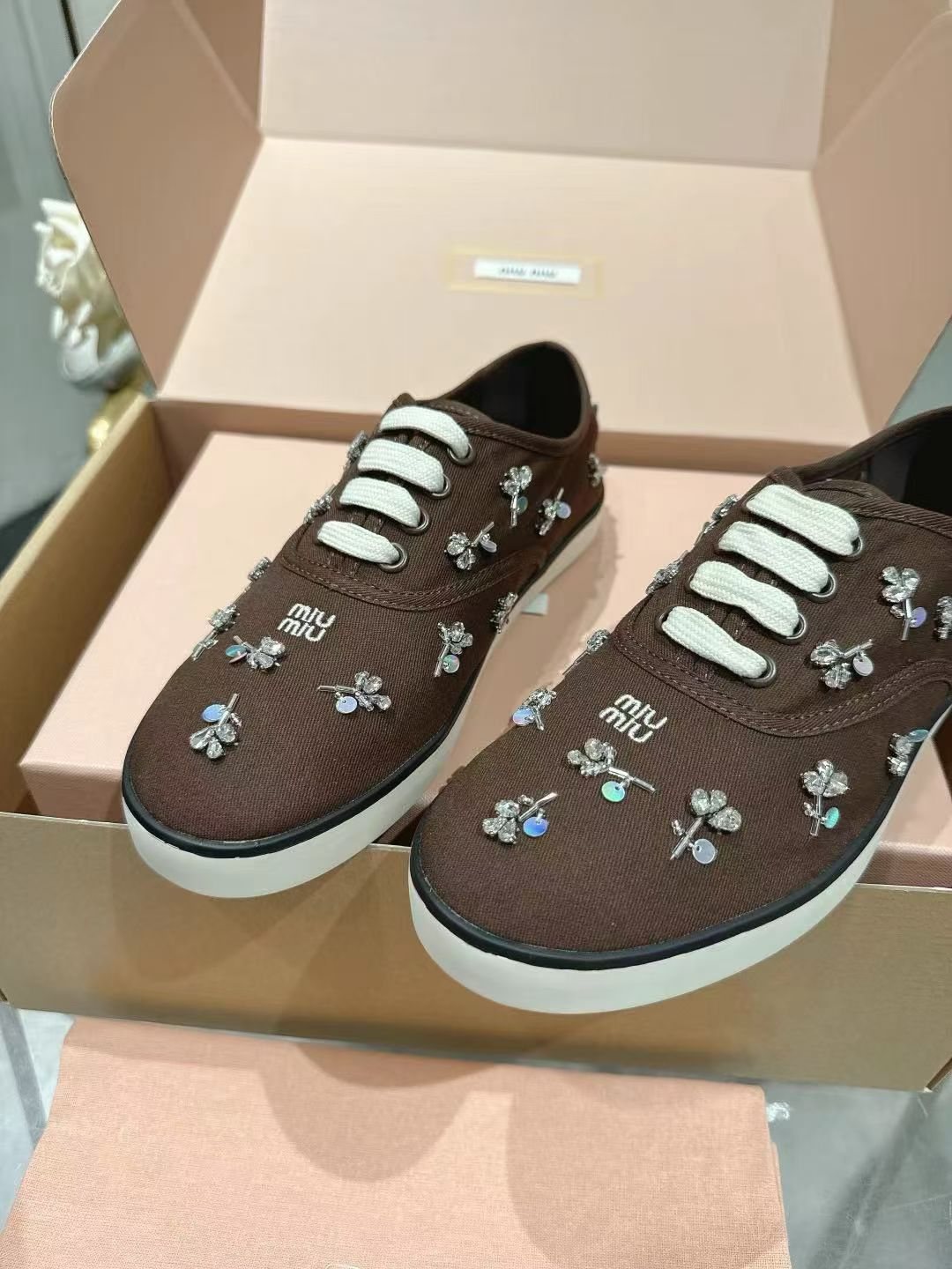 Miu Miu Floral Rhinestone Canvas Sneakers — front
