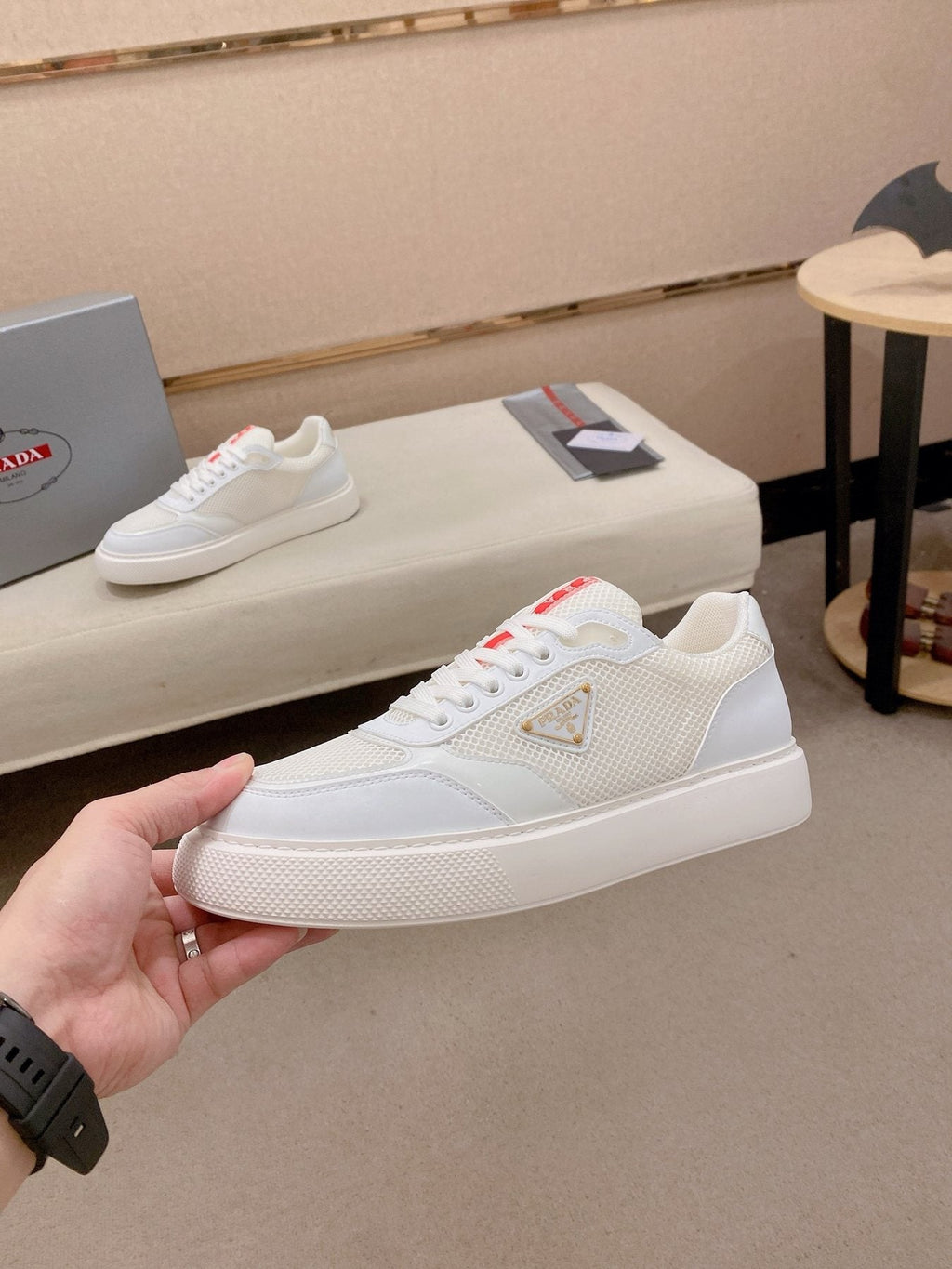 Prada White Red Accent Low-Top Sneakers — side