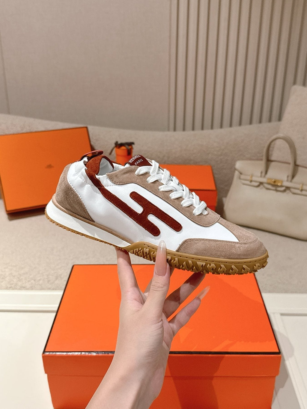 Hermès Taupe Brown H-Detail Sneakers — front