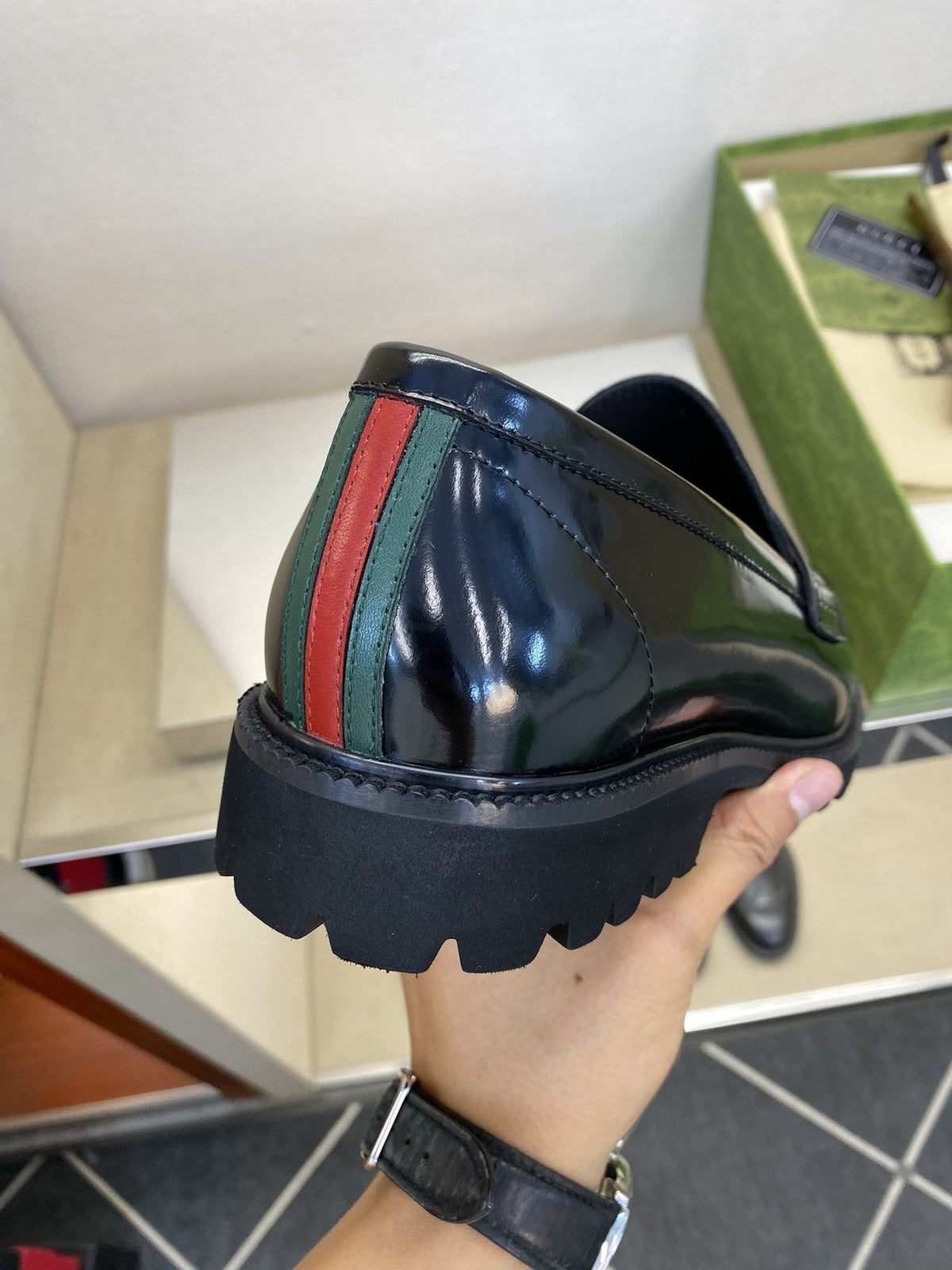Gucci Black Embossed Lug Sole Loafers — side