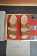 Brunello Cucinelli Tan Double-Buckle Slide Sandals — hero
