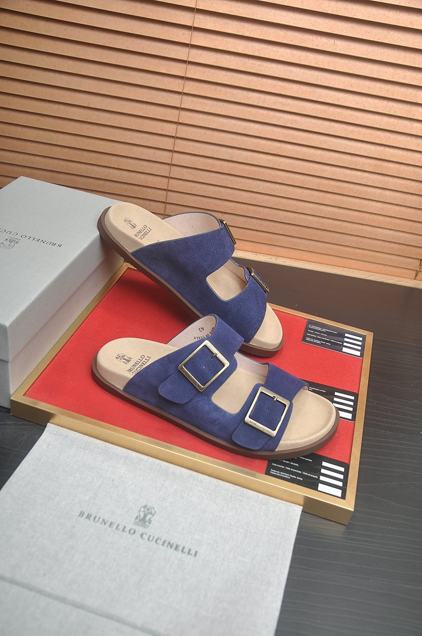 Brunello Cucinelli Tan Double-Buckle Slide Sandals — side