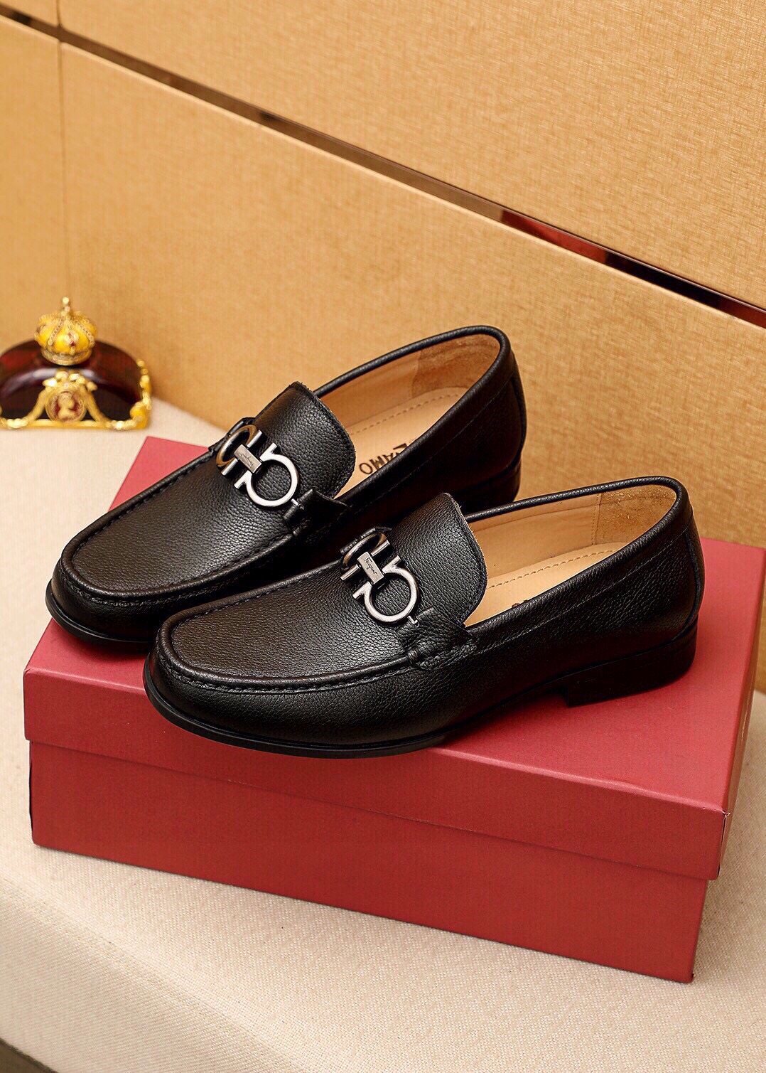 Ferragamo Black Pebbled Leather Loafers — front