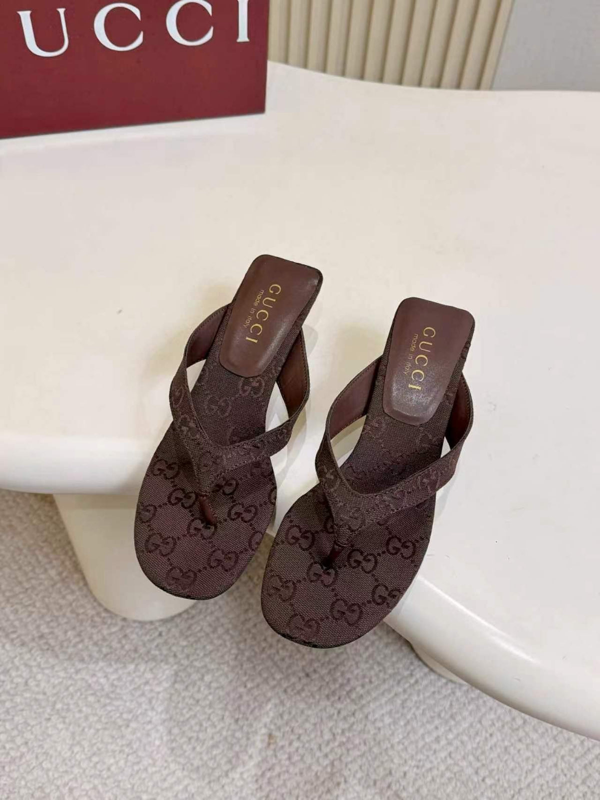Gucci Monogram Thong Slingback Heeled Sandals — front